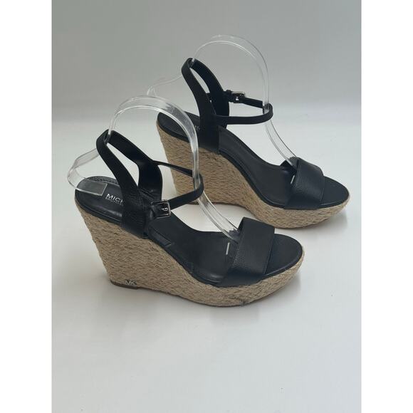 Michael Kors Black Leather Espadrille Wedge Sandals 8.5M - Picture 1 of 10